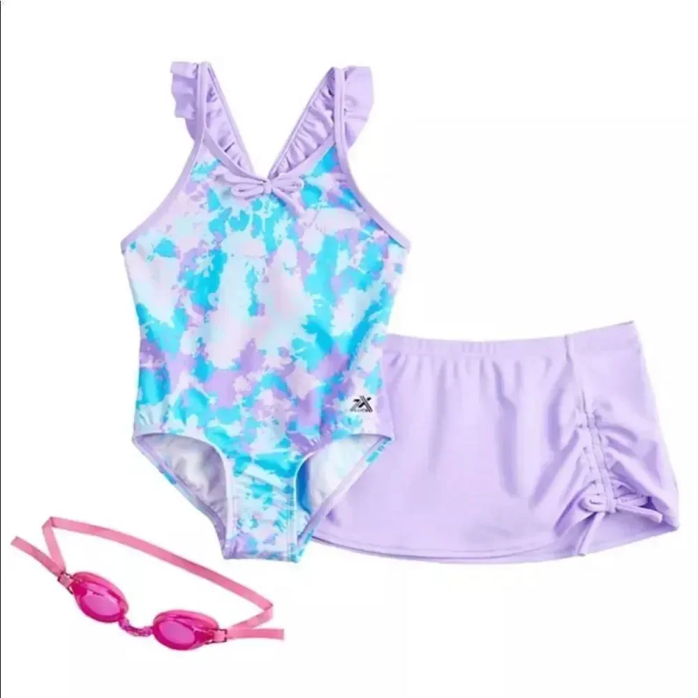 ZEROXPOSUR Girl’s Print One-Piece & Cover-Up Skirt Swimsuit with Goggles